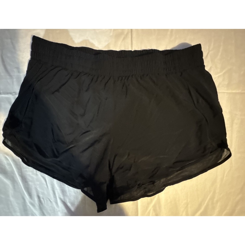 Athleta Mesh Racer Run 4" Shorts Black Women's L Mesh Pockets Elastic Waist